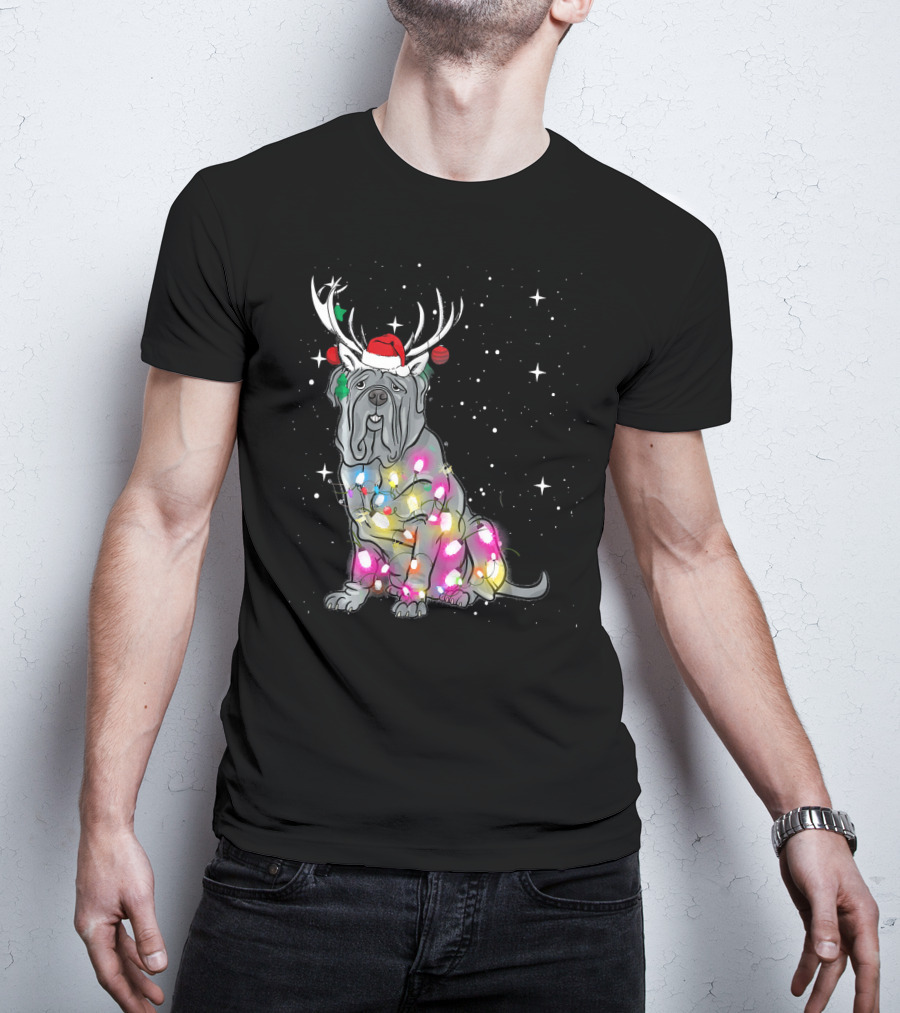 Neapolitan Mastiff With Christmas Lights And Santa Hat In Snowy Night T-Shirt