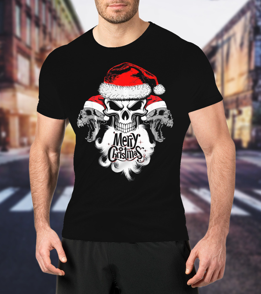 Merry Christmas Funny Skull Santa With Santa Hat And Beards T-Shirt