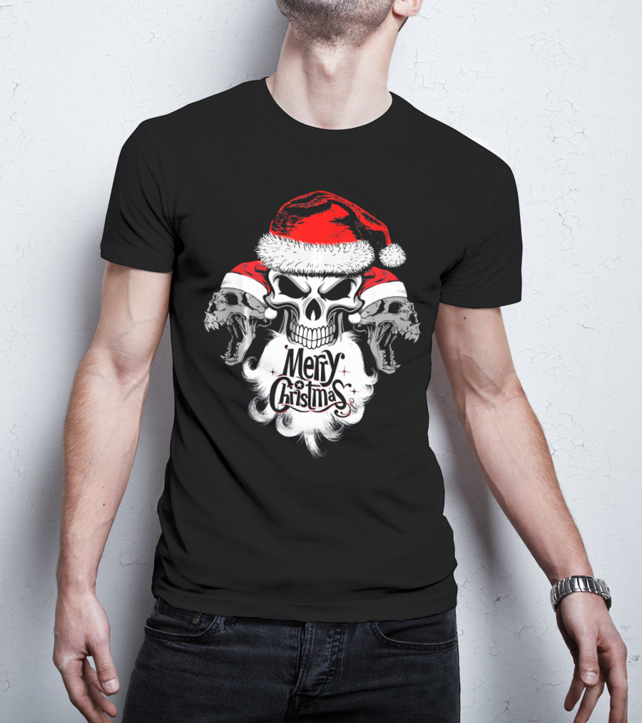 Merry Christmas Funny Skull Santa With Santa Hat And Beards T-Shirt