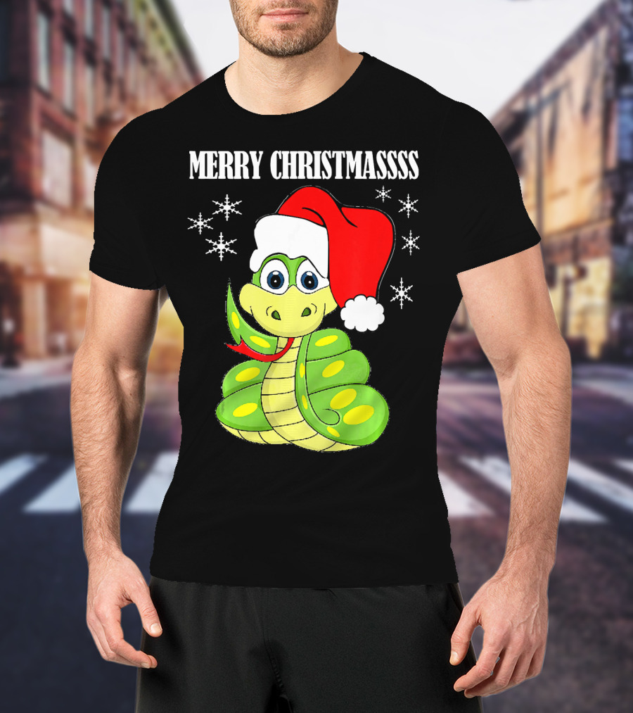 Merry Christmassss Snake Cute Snak Santa Hat Snowflakes T-Shirt