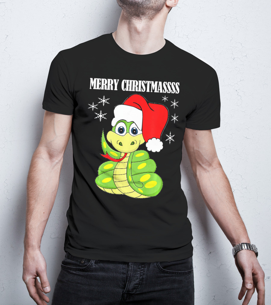 Merry Christmassss Snake Cute Snak Santa Hat Snowflakes T-Shirt