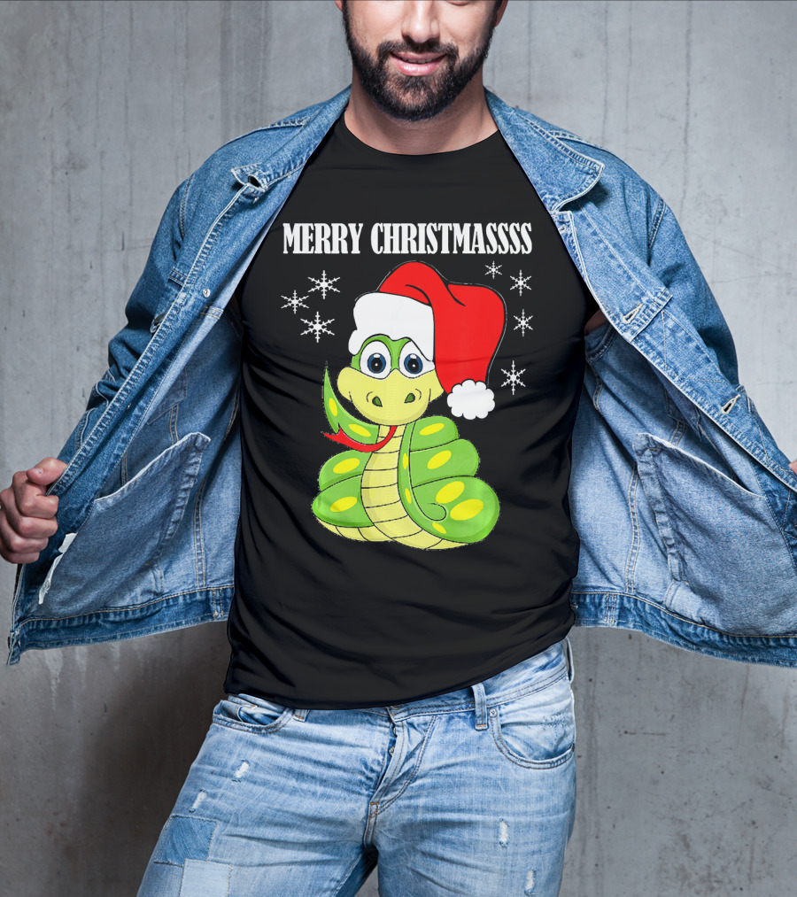 Merry Christmassss Snake Cute Snak Santa Hat Snowflakes T-Shirt