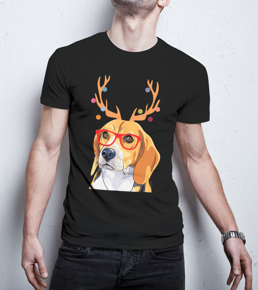 Beagle With Christmas Antlers And Red Glasses T-Shirt