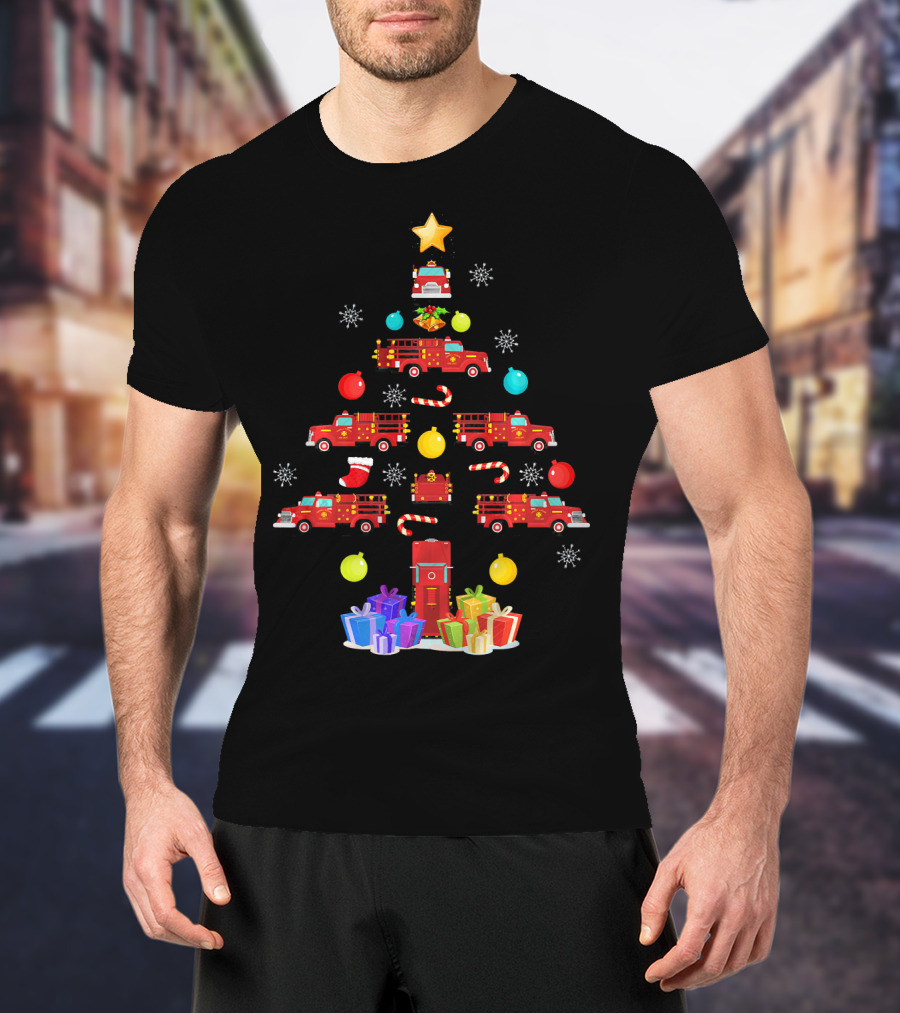 Funny Firefighter Christmas Tree Ornament Fire Truck Star Gifts T-Shirt