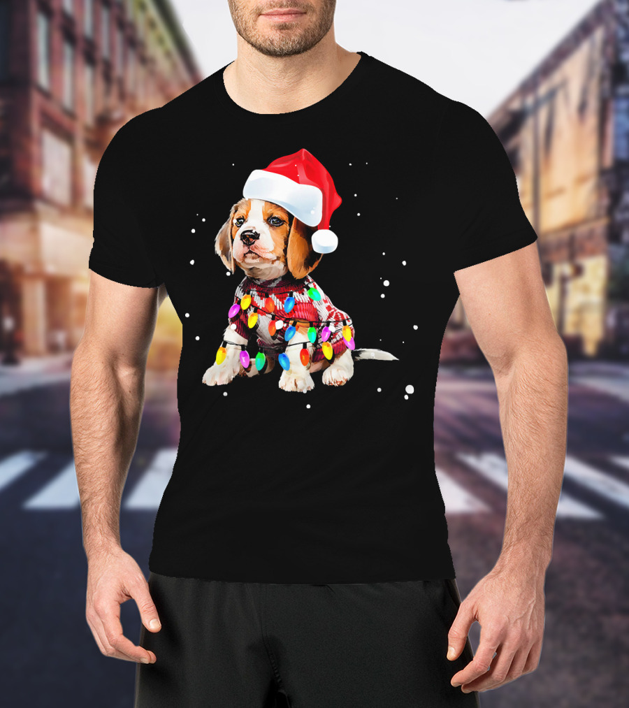 Santa Hat Beagle Wrapped In Christmas Lights T-Shirt