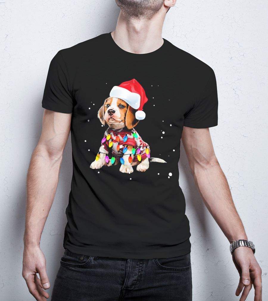 Santa Hat Beagle Wrapped In Christmas Lights T-Shirt