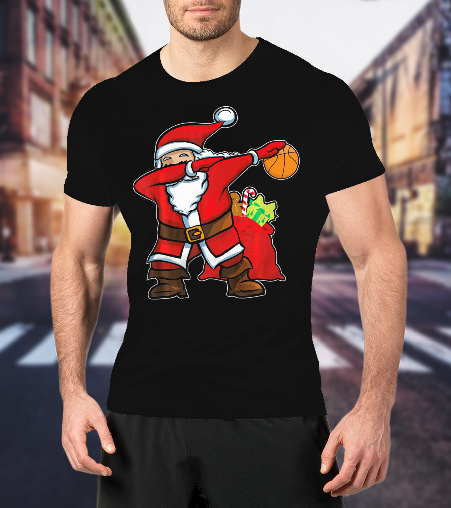 Christmas Dabbing Santa Holding Basketball With Gifts T-Shirt