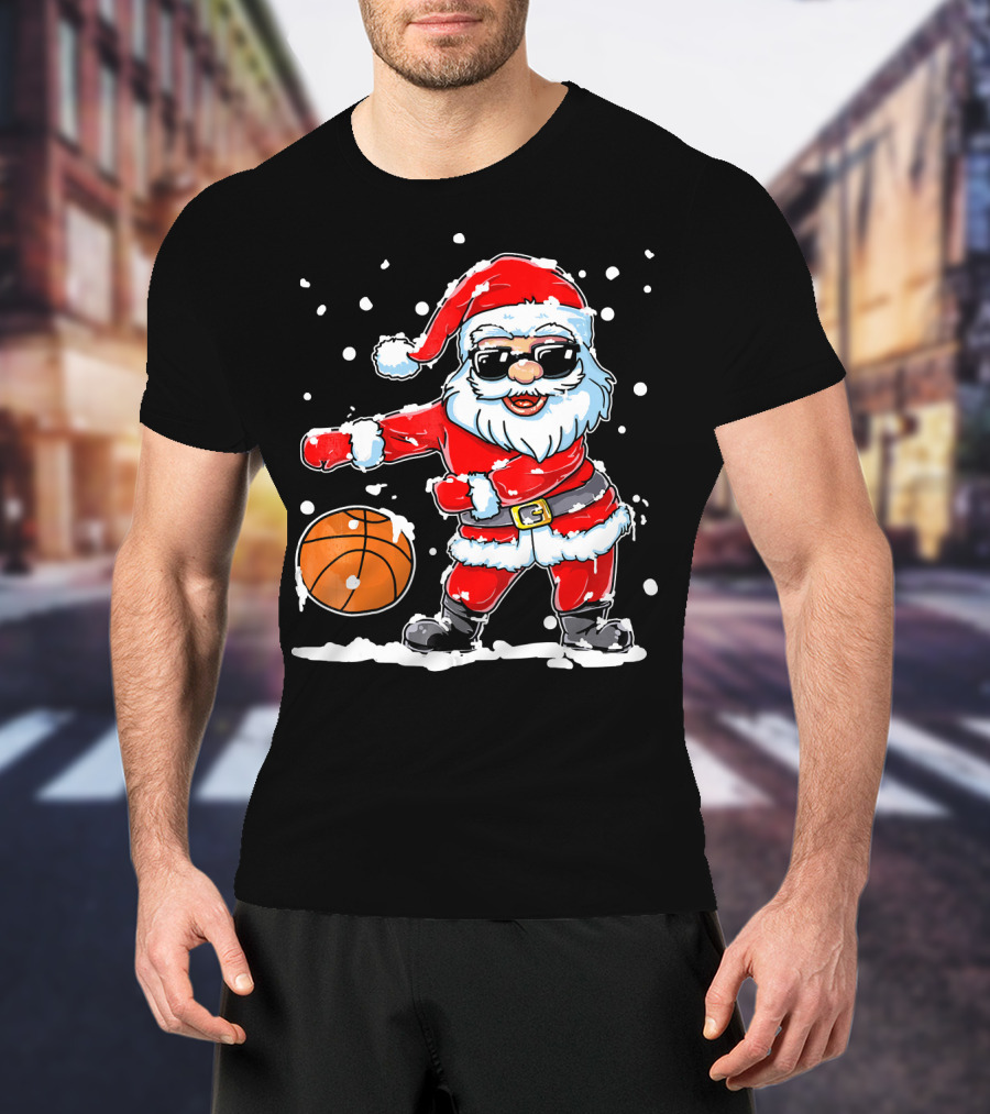 Santa Flossing With Basketball In Snowy Christmas Scene T-Shirt