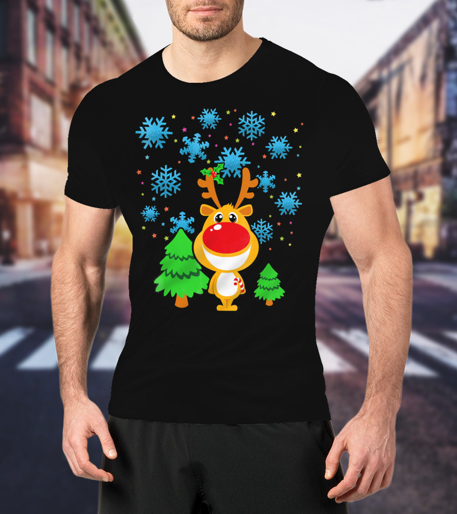 Christmas Reindeer With Snowflakes And Trees Family Matching T-Shirt