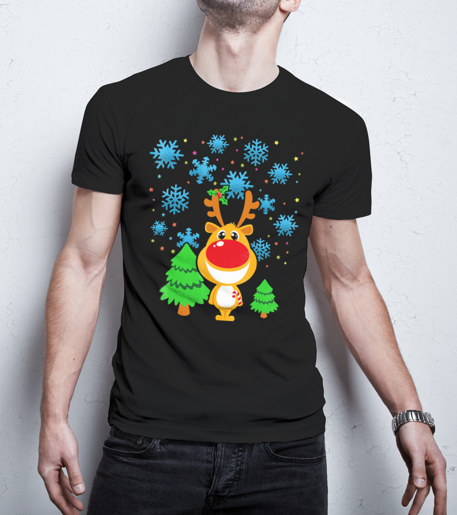Christmas Reindeer With Snowflakes And Trees Family Matching T-Shirt