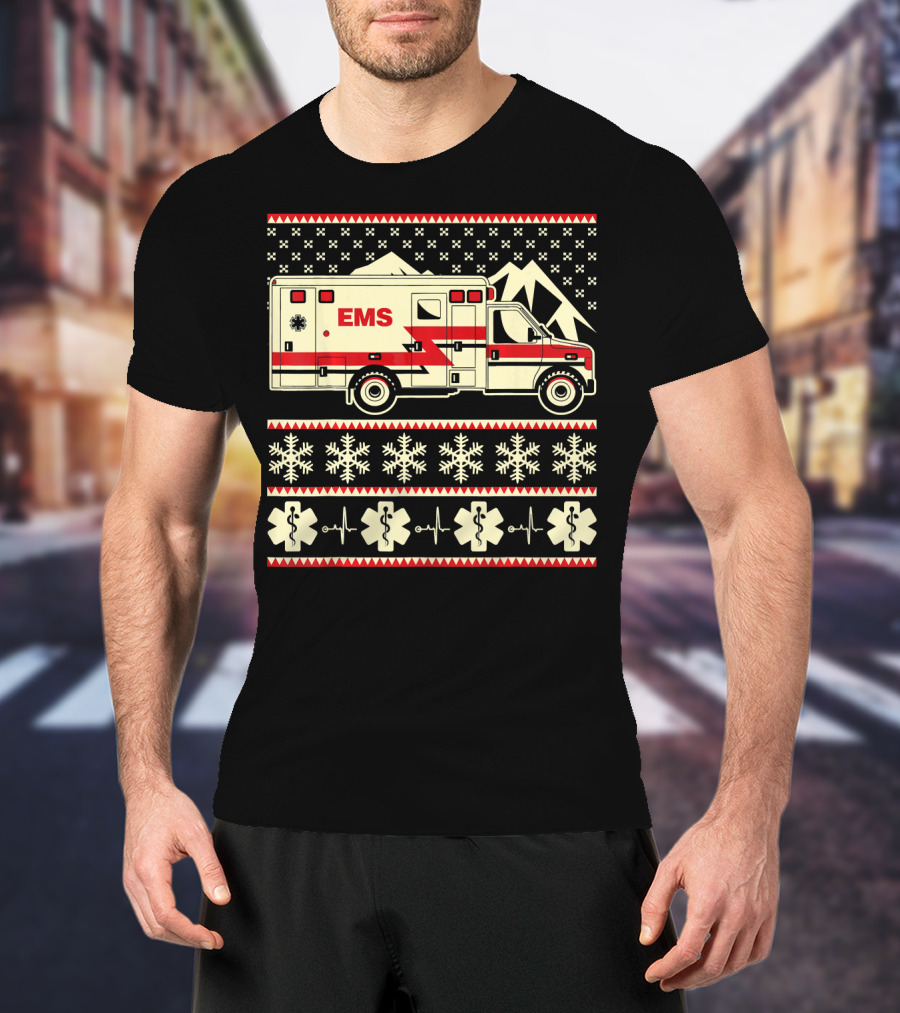EMS Christmas Ambulance Ugly Sweater Snowflake T-Shirt