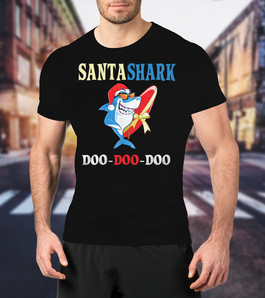 Santa Shark Doo-Doo-Doo Surfboard Christmas T-Shirt