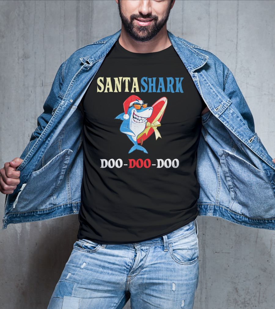 Santa Shark Doo-Doo-Doo Surfboard Christmas T-Shirt