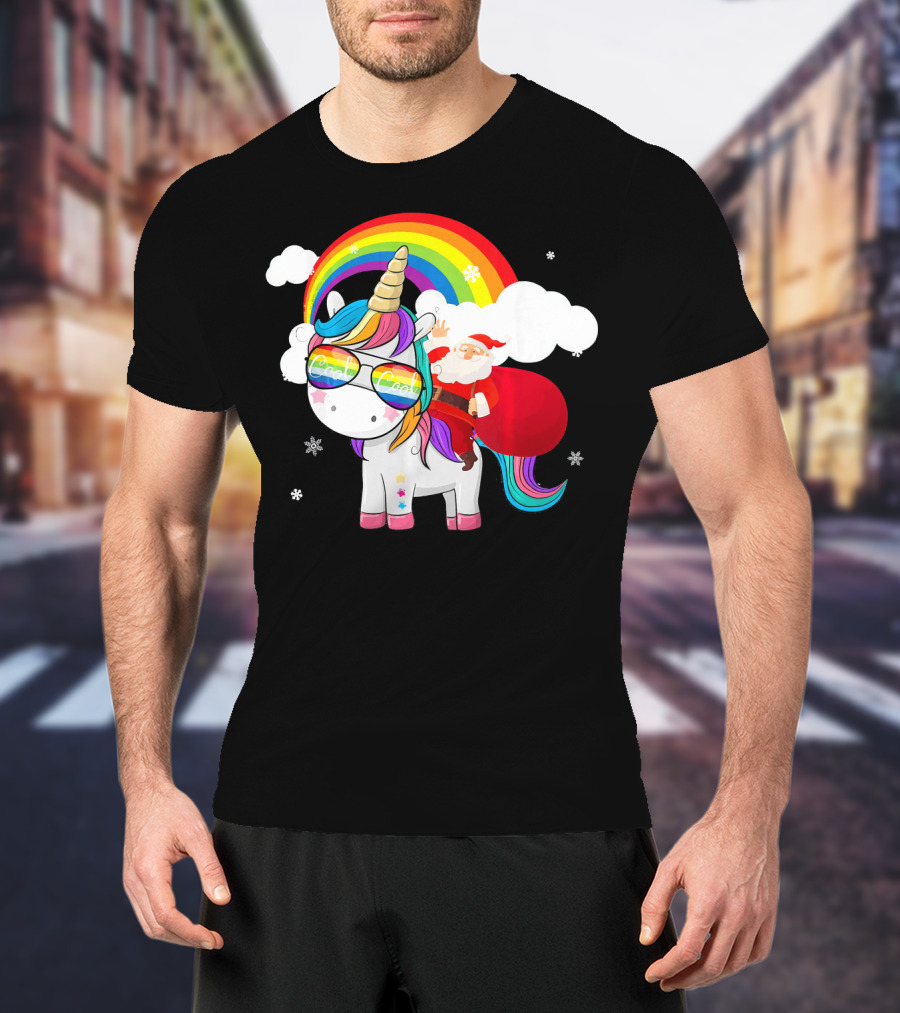 Cool Santa Riding Unicorn Rainbow Christmas Cos T-Shirt