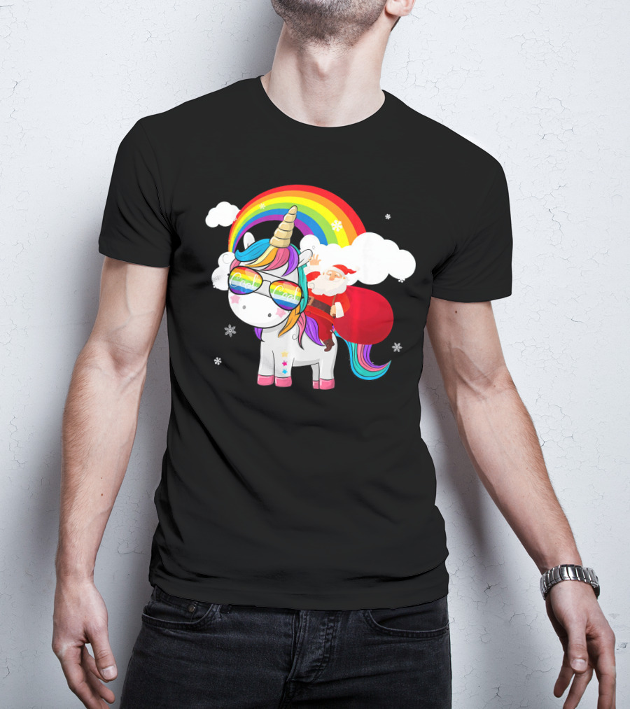 Cool Santa Riding Unicorn Rainbow Christmas Cos T-Shirt