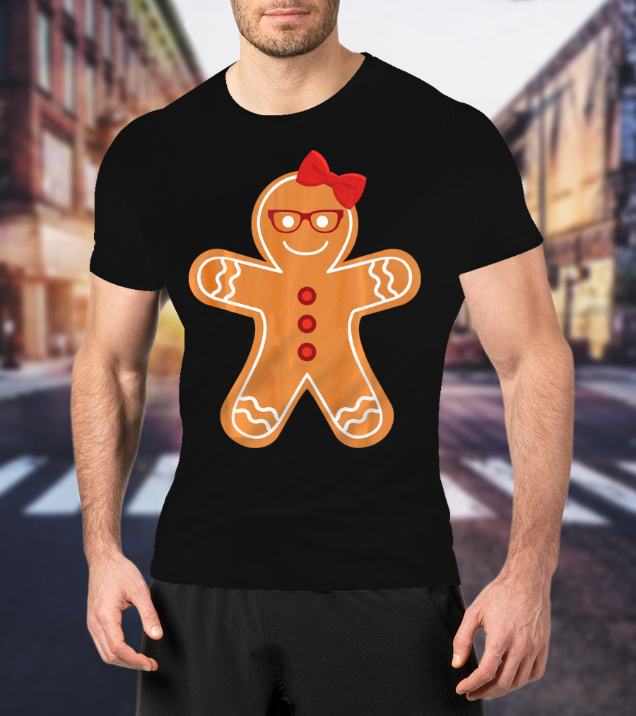 Gingerbread Girl Cookie With Glasses And Red Bow Christmas T-Shirt