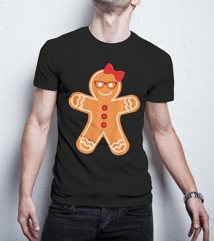 Gingerbread Girl Cookie With Glasses And Red Bow Christmas T-Shirt
