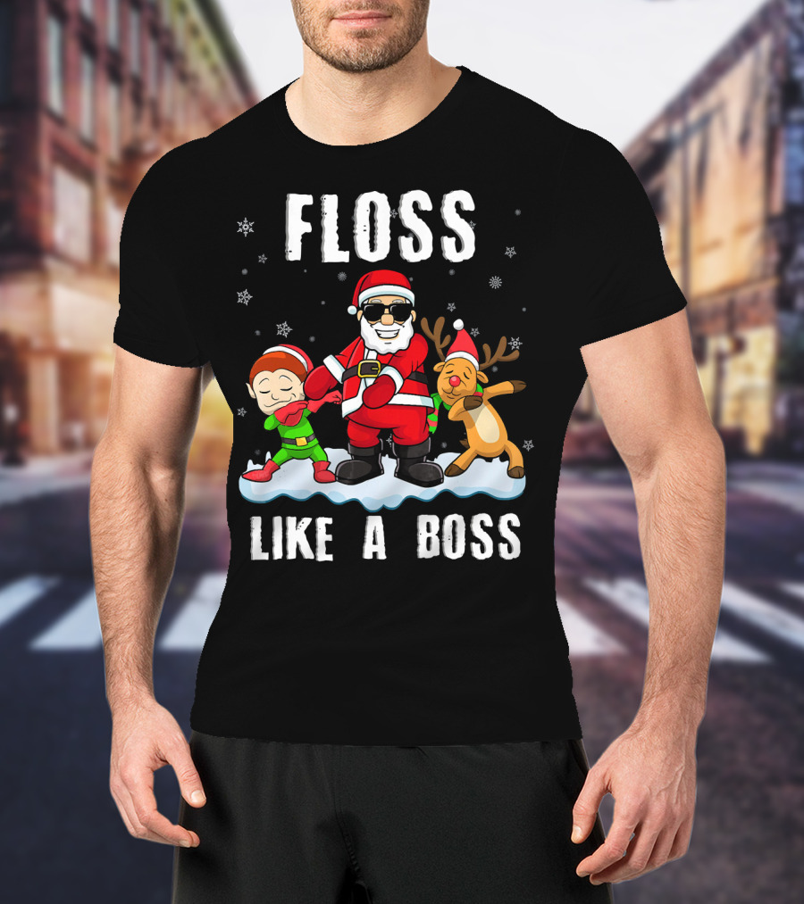 Floss Like A Boss Santa With Elf And Reindeer Dance Funny Christmas T-Shirt