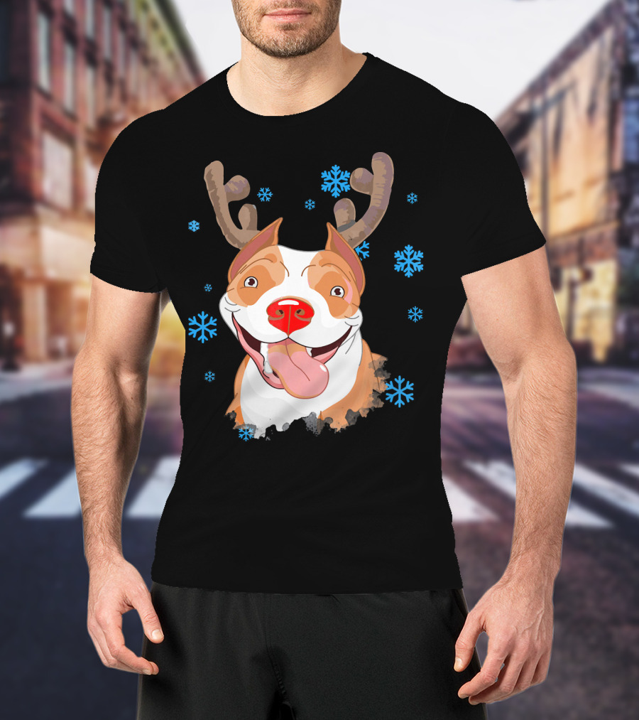 Funny Cutie Pit Bull Reindeer Antlers Snowflakes T-Shirt