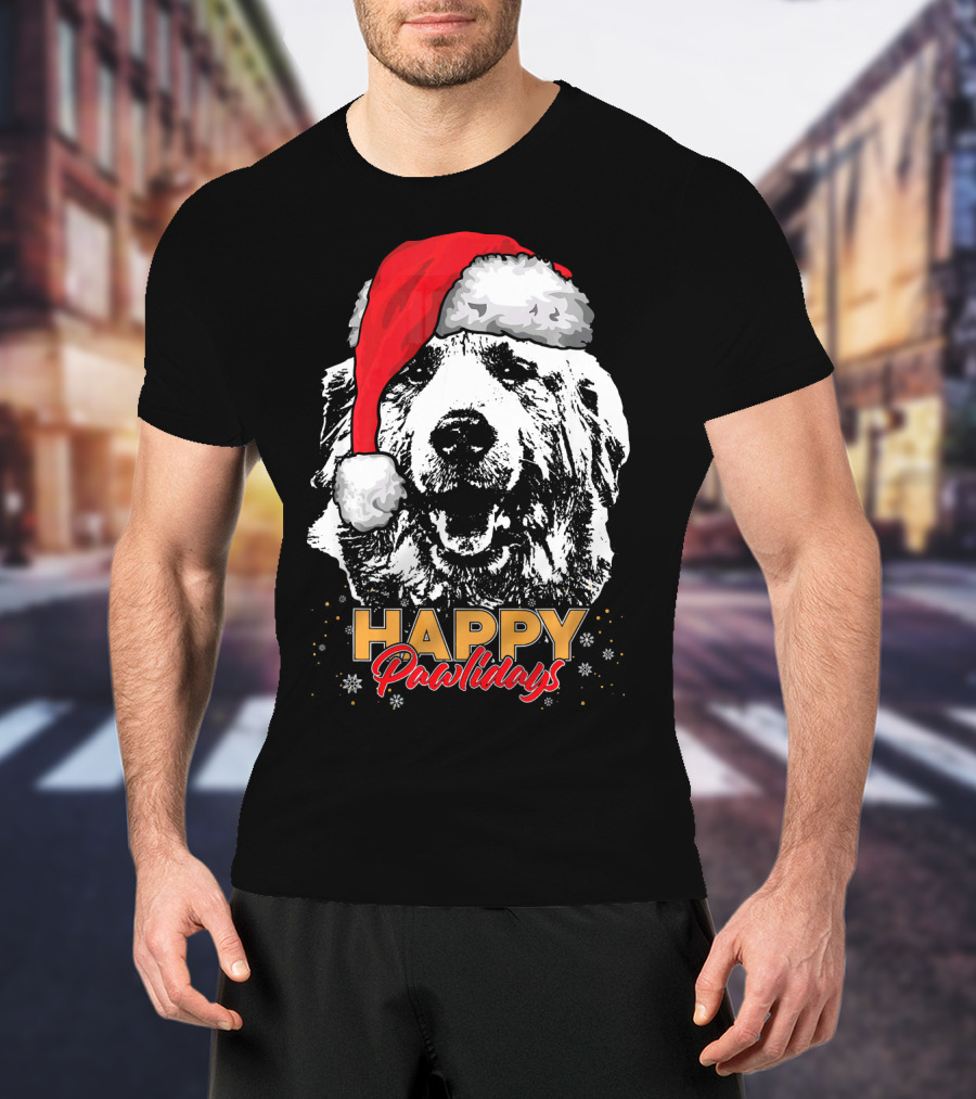 Happy Pawlidays Funny Christmas Great Pyrenees Santa Hat T-Shirt
