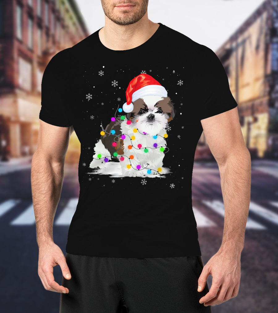 Shih Tzu Santa Hat Christmas Lights Snowflakes T-Shirt