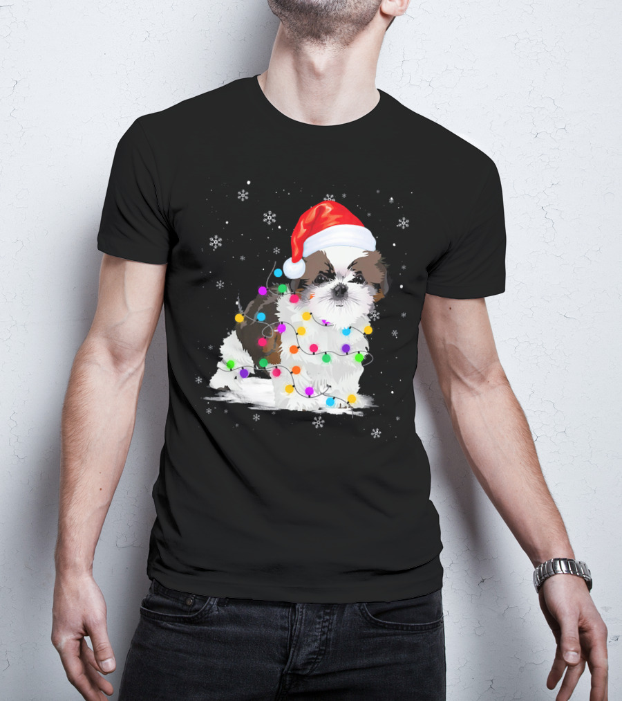 Shih Tzu Santa Hat Christmas Lights Snowflakes T-Shirt