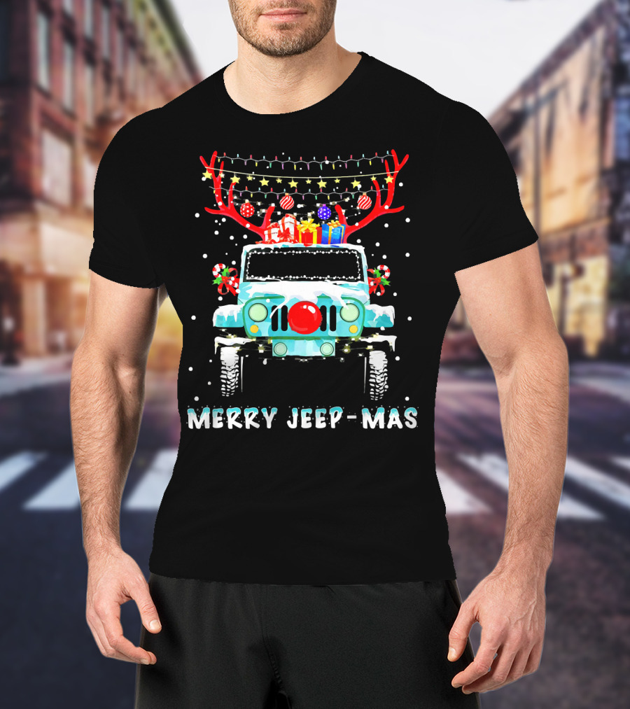 MERRY JEEP-MAS Reindeer Antlers Christmas Lights Jeep T-Shirt