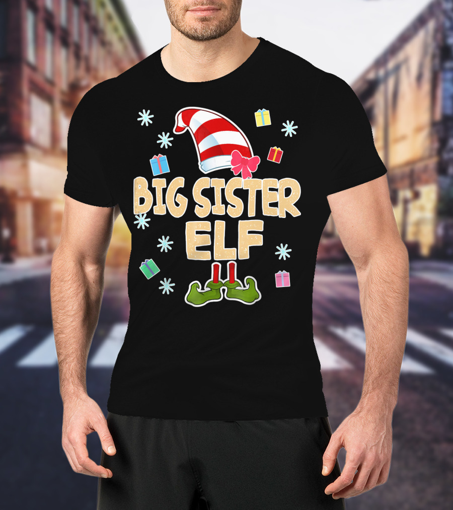 Big Sister Elf With Striped Hat And Gifts T-Shirt