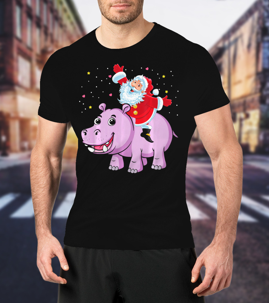Santa Claus Riding A Happy Hippo Merry Christmas Stars T-Shirt