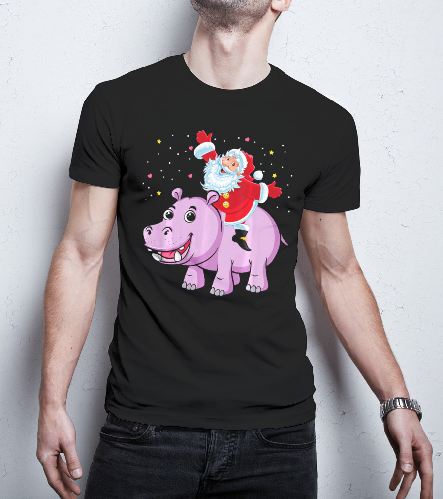 Santa Claus Riding A Happy Hippo Merry Christmas Stars T-Shirt