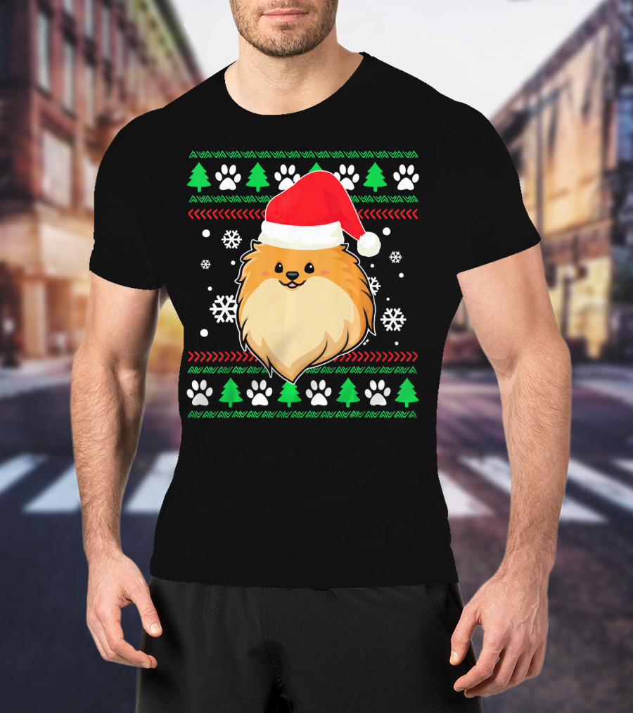 Pomeranian Santa Hat Ugly Christmas Sweater Snowflakes Trees Paws T-Shirt