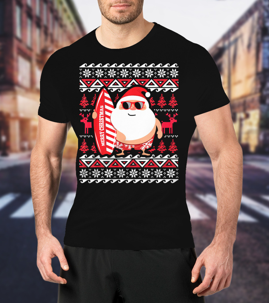 Surfing Santa Claus Merry Christmas Hawaii Red Reindeer Snowflakes T-Shirt