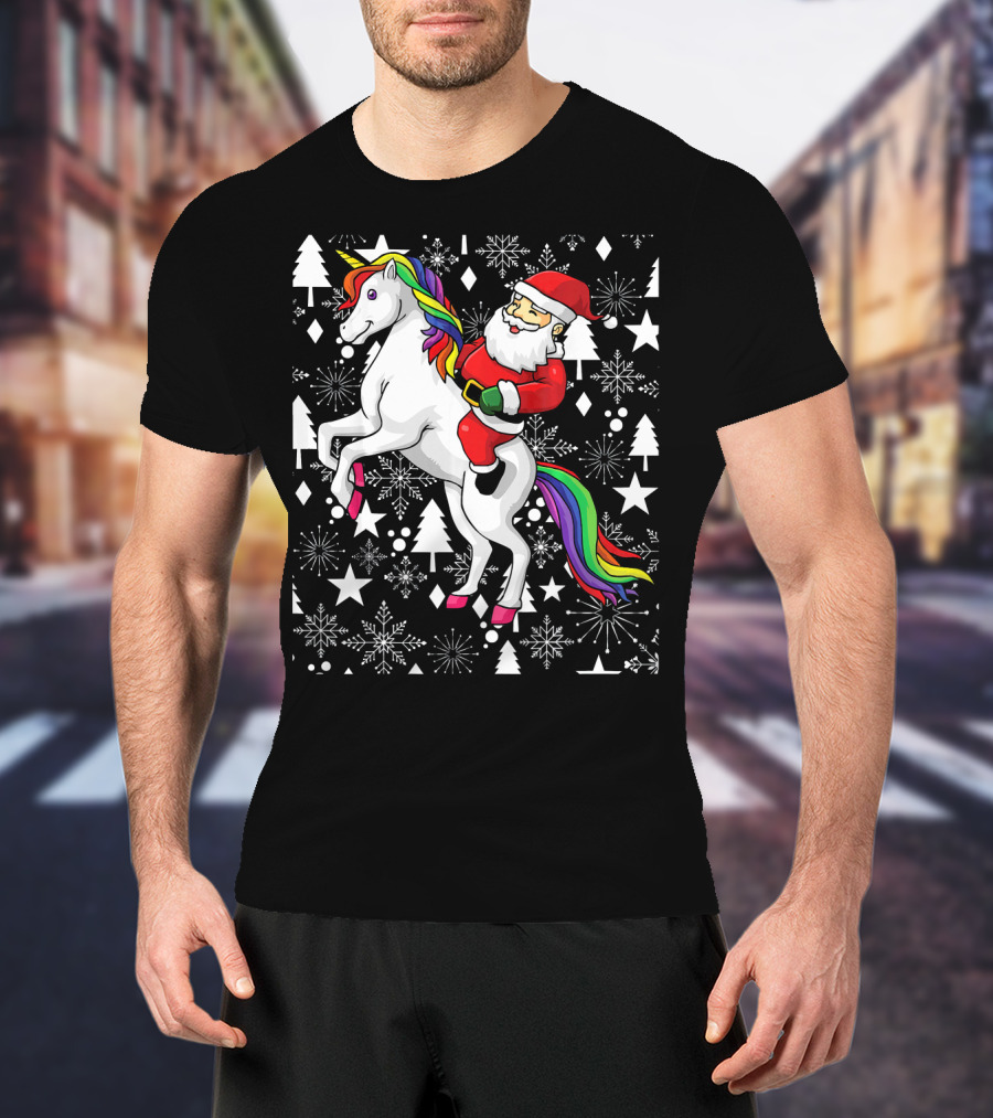 Santa Claus Riding A Unicorn Ugly Christmas Sweater With Stars And Snowflakes T-Shirt