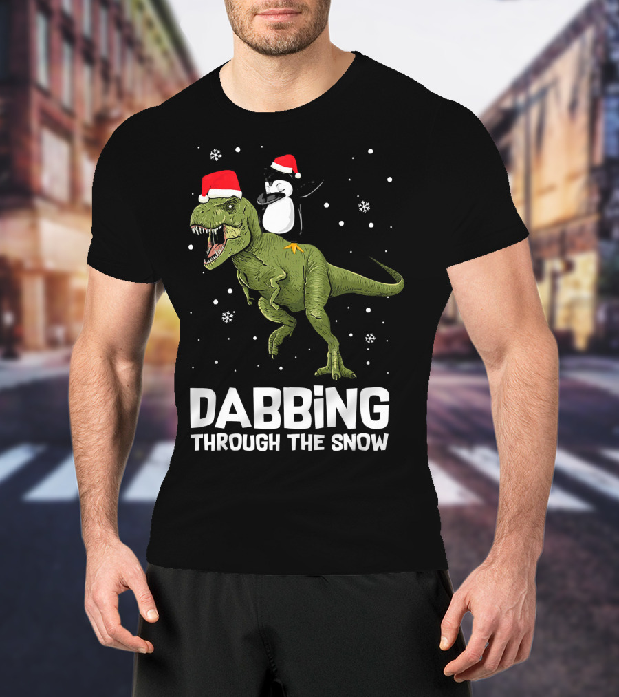 Dabbing Through The Snow Penguin On Dinosaur Christmas T-Shirt