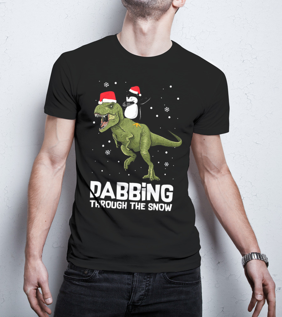 Dabbing Through The Snow Penguin On Dinosaur Christmas T-Shirt