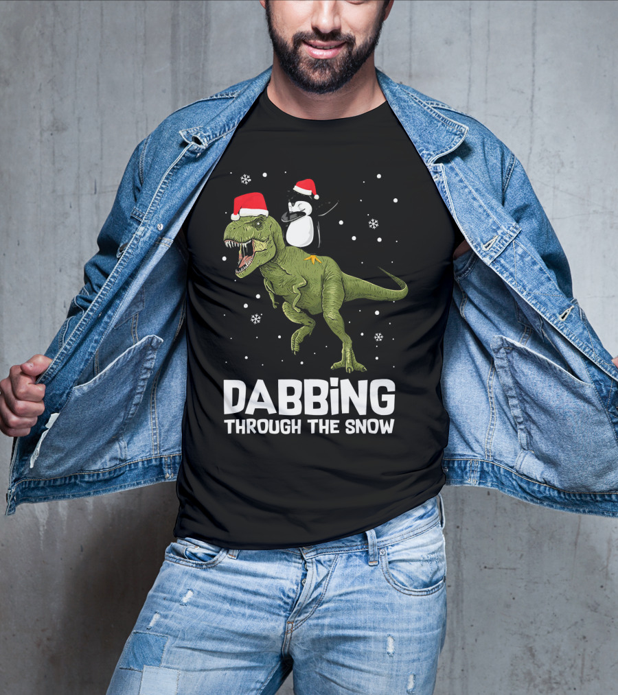 Dabbing Through The Snow Penguin On Dinosaur Christmas T-Shirt