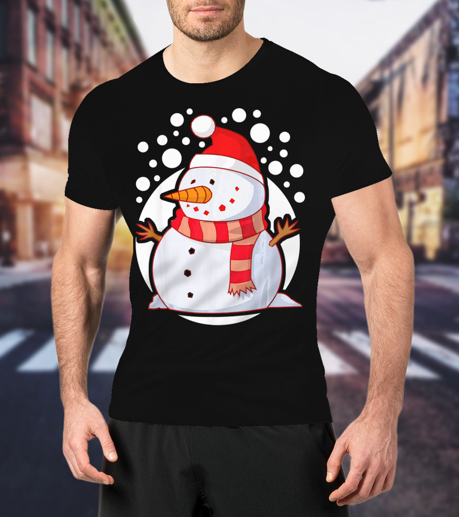 Winter Christmas Santa Snowman In Red Scarf And Hat T-Shirt