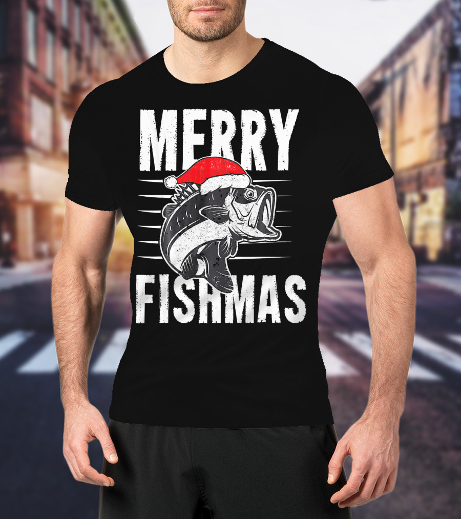 Merry Fishmas Funny Christmas Fishing Santa Hat Fish T-Shirt