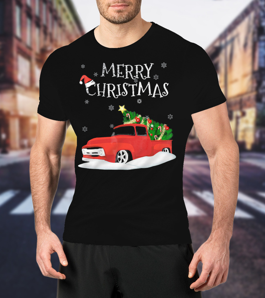 Merry Christmas Red Vintage Truck With Snow And Christmas Tree T-Shirt
