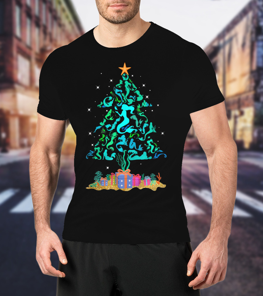 Mermaid Christmas Tree With Gifts And Star Topper T-Shirt
