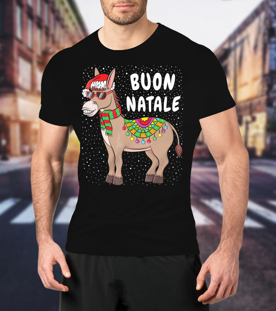 Buon Natale Christmas Donkey With Santa Hat And Colorful Lights T-Shirt
