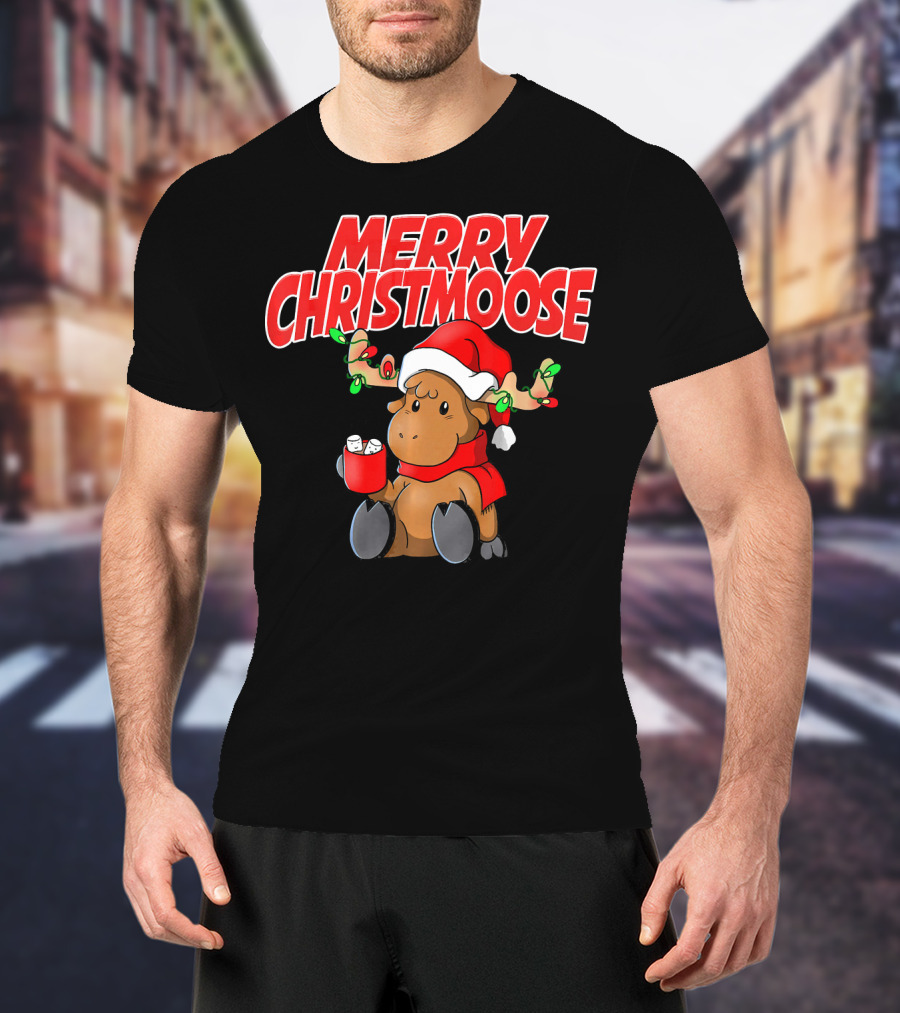 Merry Christmoose Funny Holiday Pun Moose With Santa Hat And Hot Cocoa T-Shirt