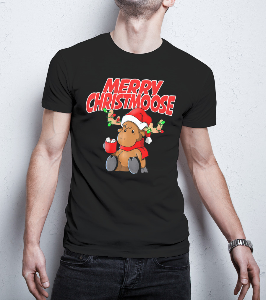 Merry Christmoose Funny Holiday Pun Moose With Santa Hat And Hot Cocoa T-Shirt
