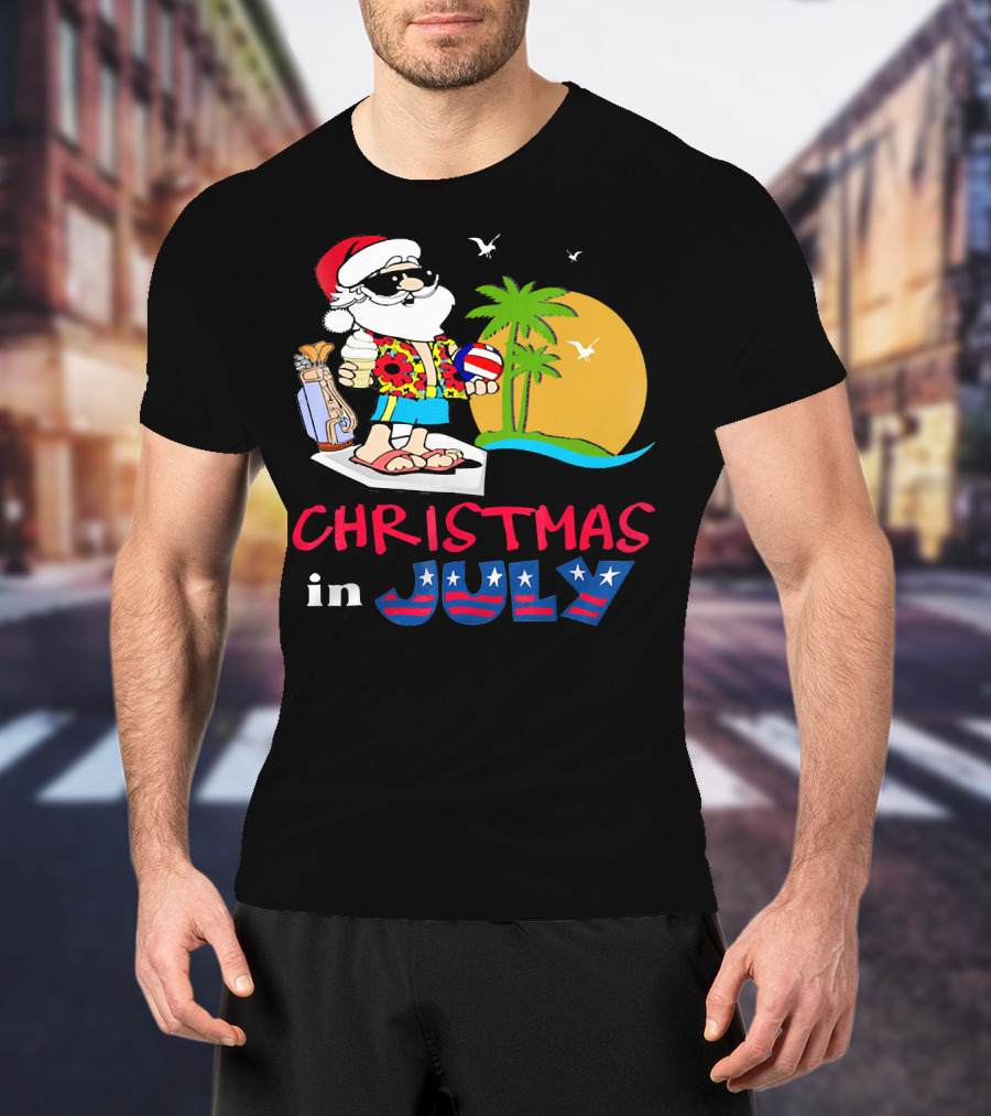 Christmas In July Funny Santa Summer Golf Sun And Palm Trees T-Shirt