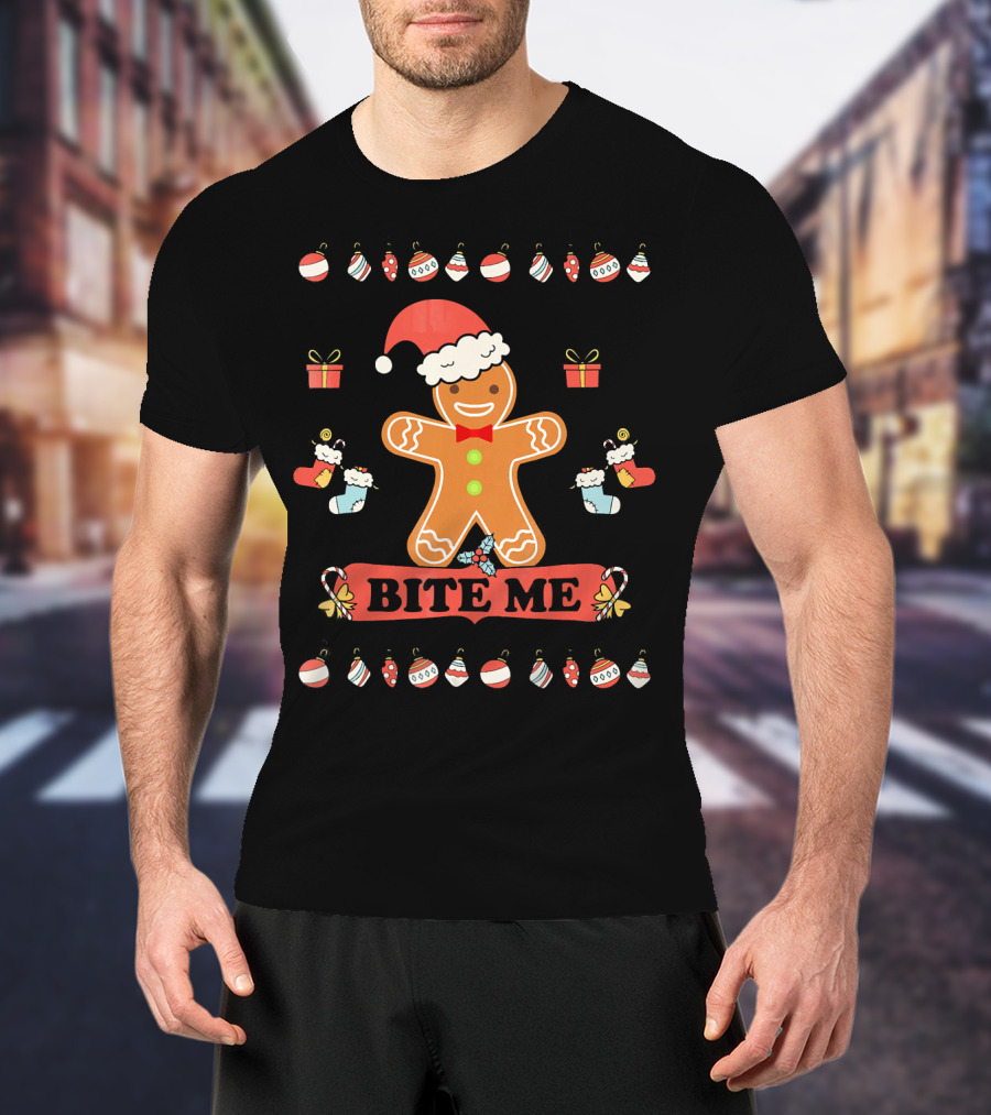Ugly Christmas Bite Me Gingerbread Santa Hat Ornaments Stockings Gifts T-Shirt
