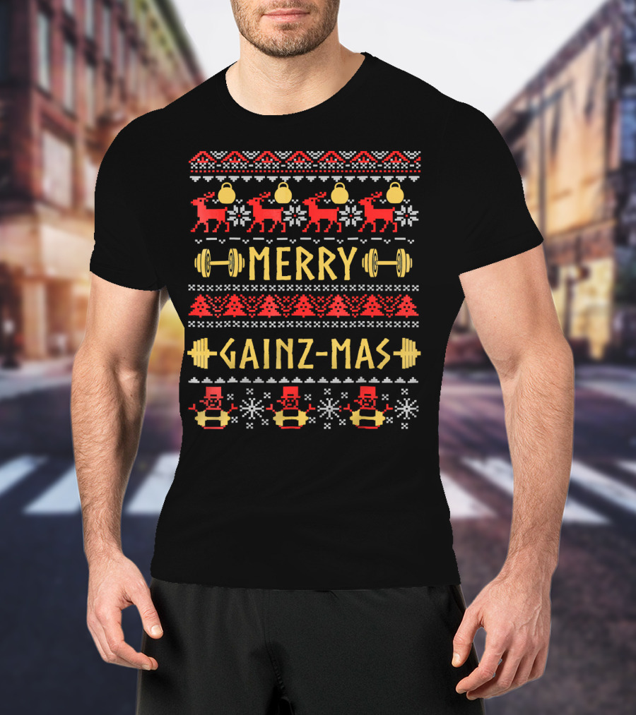 Merry Gainz Mas Fitness Christmas Kettlebells And Dumbbells Ugly T-Shirt
