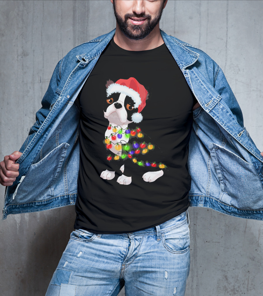 Boston Terrier Christmas Lights Santa Hat T-Shirt