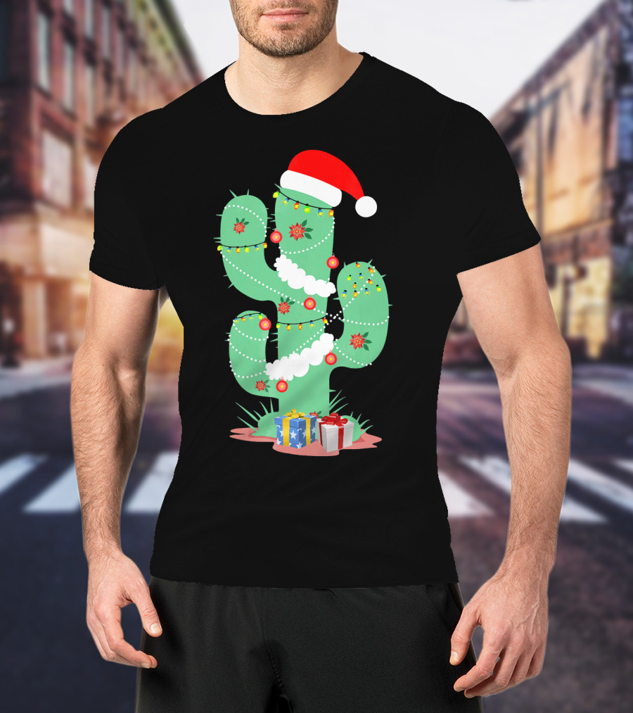 Funny Christmas Cactus With Santa Hat And Presents T-Shirt