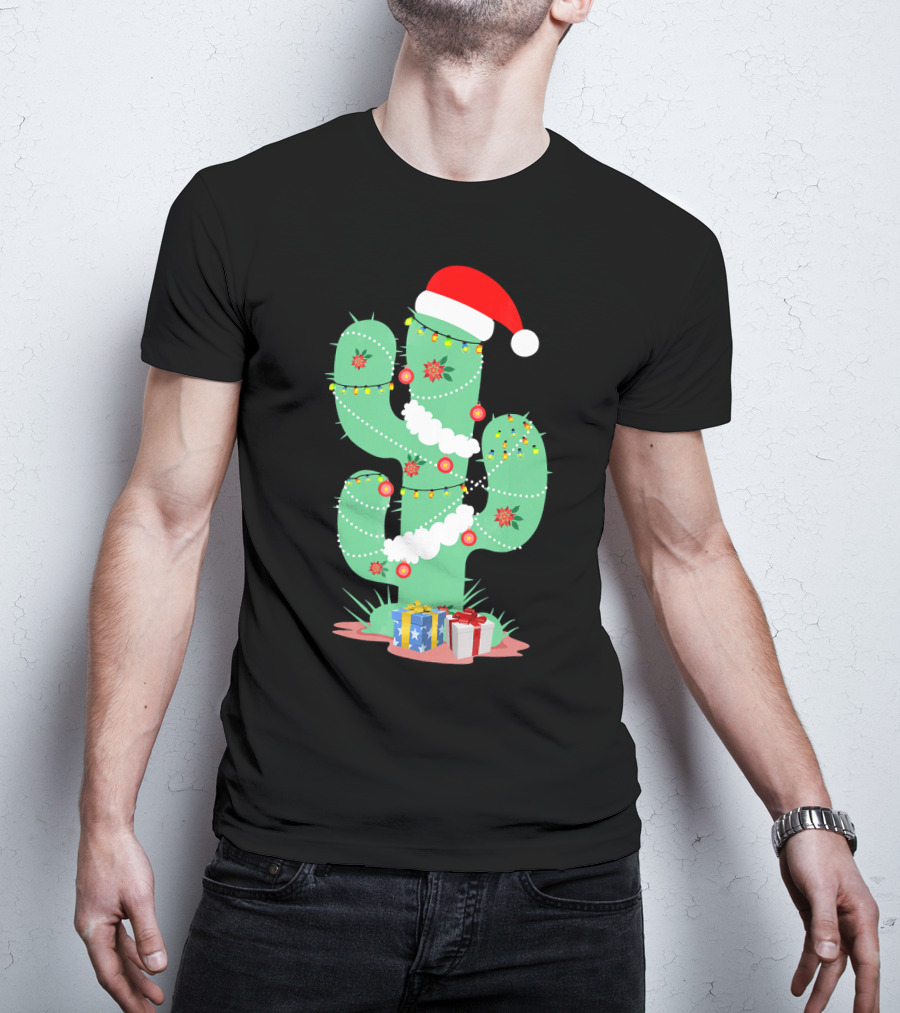 Funny Christmas Cactus With Santa Hat And Presents T-Shirt