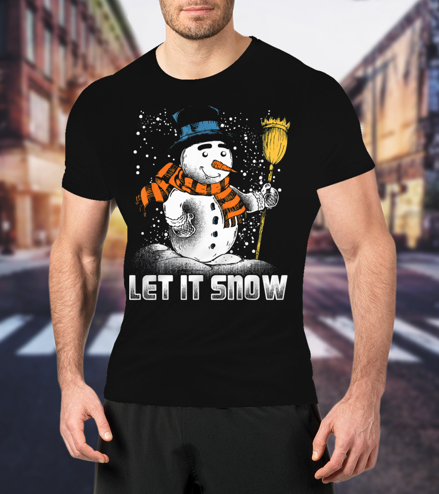 Let It Snow Snowman With Orange Scarf And Broom T-Shirt